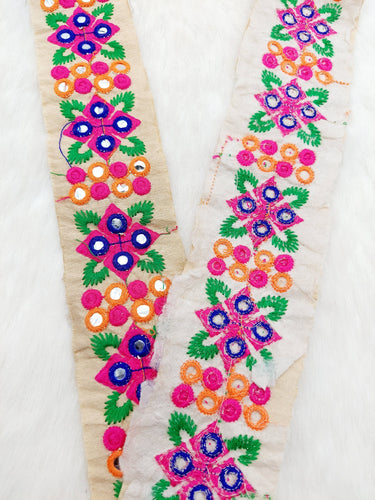 Beige Art Silk Fabric Trim With Pink and Blue Floral Embroidery, Foil Mirror Embroider Trimming, Trim By The Yard